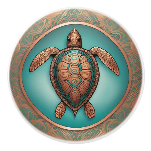 Zeeen schildpad in koper en turquoise keramische knop (Voorkant)