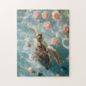Zeeen schildpad met roze rozen legpuzzel (Verticaal)