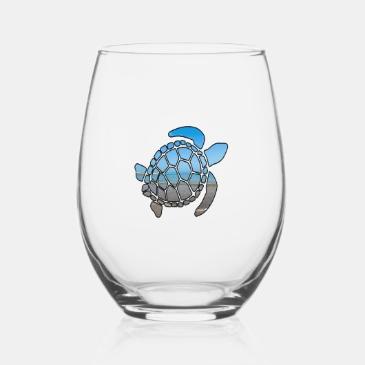 Zeeen schildpad silhouet op zomerblauwe strandgolv wijnglas zonder voet (Voorkant)