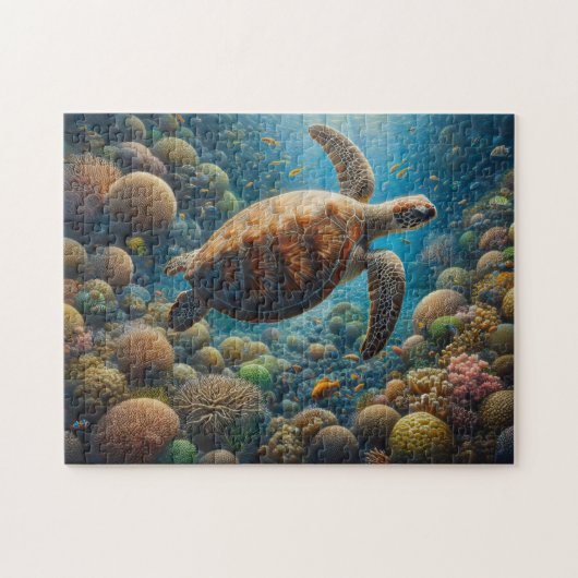 Zeeen schildpad zwemmen rond koraal legpuzzel (Horizontaal)