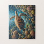 Zeeen schildpad zwemmen rond koraal legpuzzel (Verticaal)