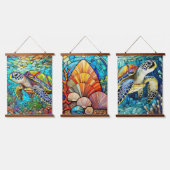 Zeeen schildpadden en zeeschelpen kunst set hangend wandkleed (Driedubbel)