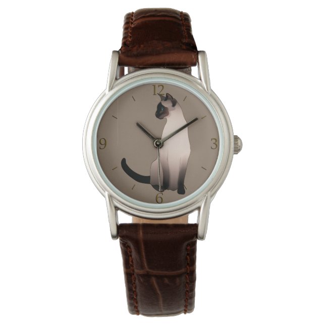 Zeefpunt Siamese kat op Taupe Tan Horloge (Voorkant)
