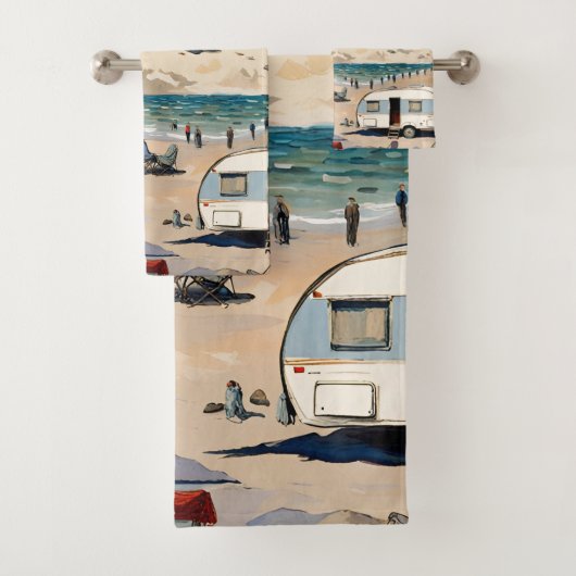Zeegezicht, caravan op het strand bad handdoek (Insitu)