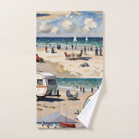Zeegezicht,  caravan op het strand bad handdoek (Handdoek)
