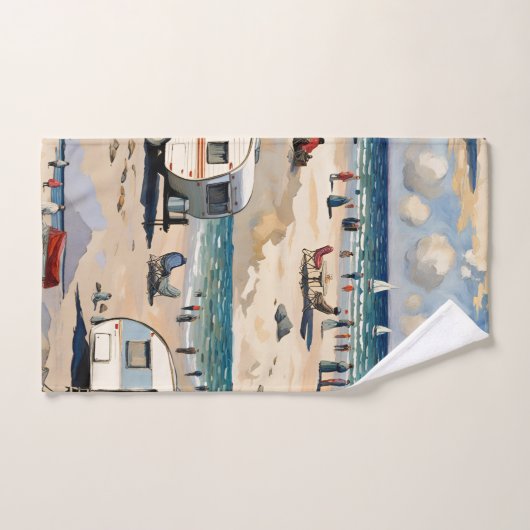 Zeegezicht,  caravan op het strand bad handdoek (Handdoek)