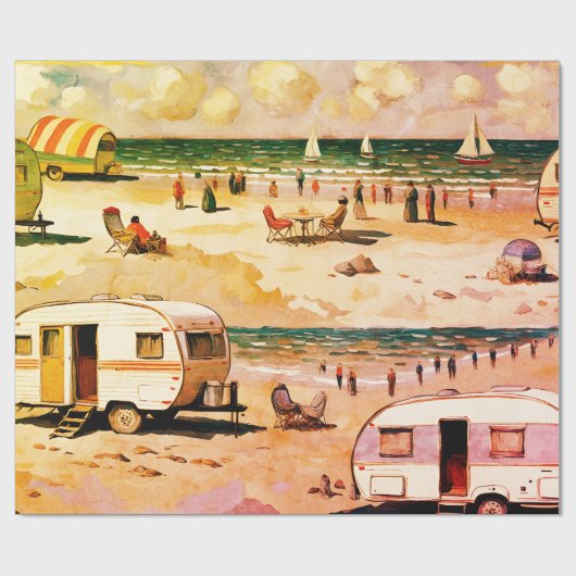 Zeegezicht, caravan op het strand cadeaupapier (Vlak)