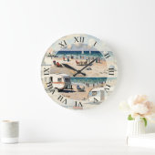 Zeegezicht,  caravan op het strand grote klok (Huis)