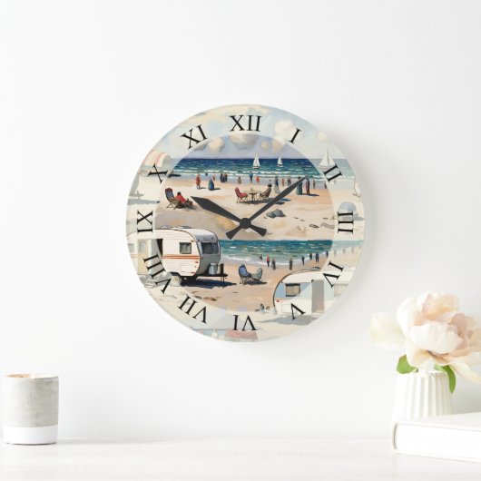 Zeegezicht,  caravan op het strand grote klok (Huis)