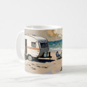 Zeegezicht,  caravan op het strand koffiemok (Voorkant links)