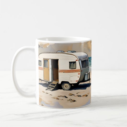 Zeegezicht,  caravan op het strand koffiemok (Links)