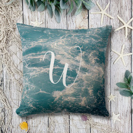 Zeegezicht Caribisch Blauw Wit Wave Crests Monogra Kussen