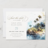 Zeegezicht Palm Tree Island Waterverf bruiloft Save The Date (Voorkant)