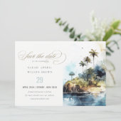 Zeegezicht Palm Tree Island Waterverf bruiloft Save The Date (Staand voorkant)