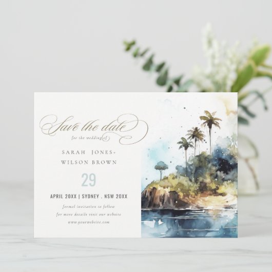 Zeegezicht Palm Tree Island Waterverf bruiloft Save The Date (Staand voorkant)