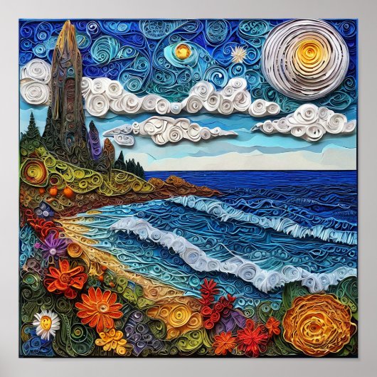 🌊 Zeegezicht Quilling Papier Kunst Oceaan Golf Ku Poster (Voorkant)