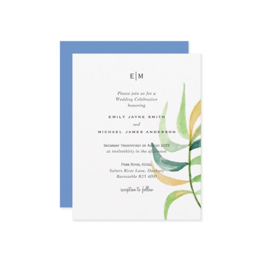 Zeeglas Groen Blauw Tropisch Blad Trouwfeest (Voorkant / Achterkant in situ)