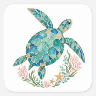 Zeeglas Mozaïek Schildpad en Koraal Vierkante Stic Sticker