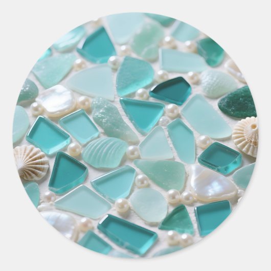Zeeglas Mozaïek Turkoois Kustcharme Ronde Sticker (Voorkant)
