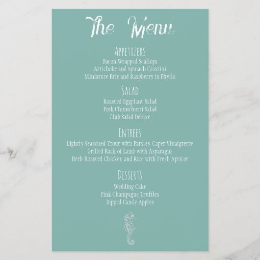Zeeglas Zeepaard Strand Bruiloft Menu (Voorkant)