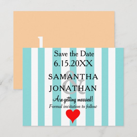 Zeegroen Blauw Beige Liefde Rode Hart Trouwdag Save The Date (Voorkant / Achterkant)