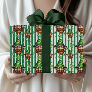 Zeegroene gestreepte grappige kabouterkop St. Patr Cadeaupapier