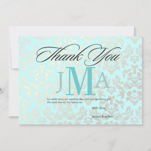 Zeegroene parelmoer damast, bedankkaartjes, plat. bedankkaart (Achterkant)