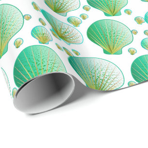 Zeegroene schelpen op wit cadeaupapier