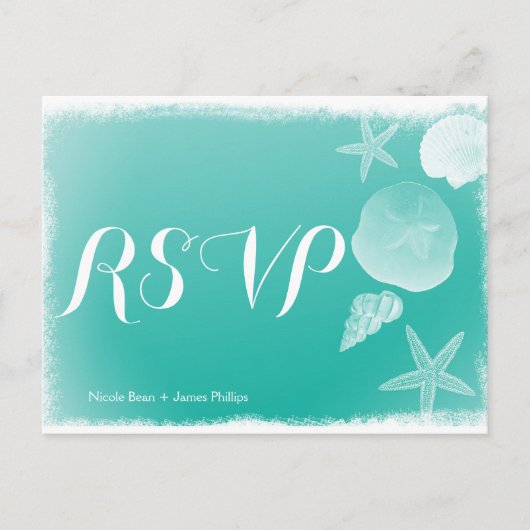Zeegroene strand zeeschelp trouw RSVP briefkaart (Voorkant)