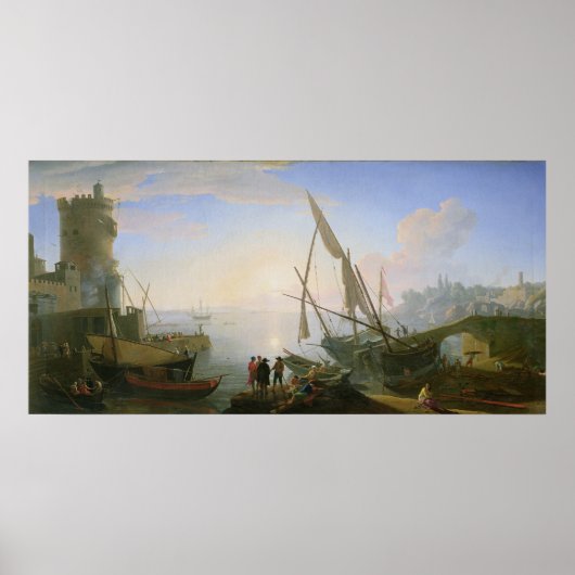 Zeehaven met zonsondergang poster (Voorkant)