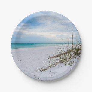 Zeehaver en wit zand strand ochtend papieren borde bordje