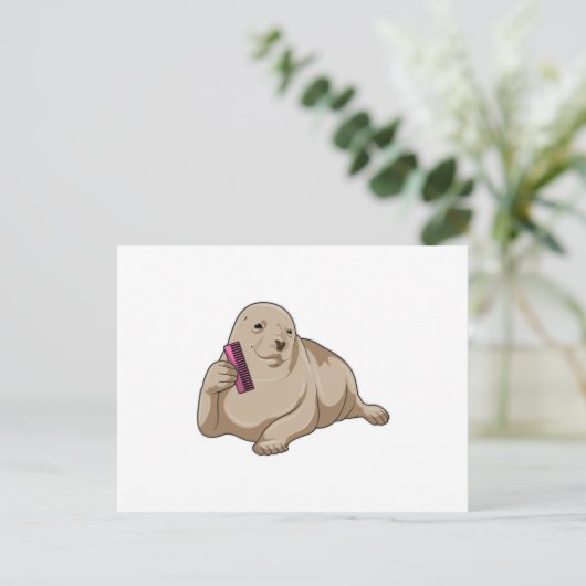 Zeehond als kapper met kam briefkaart (Staand voorkant)