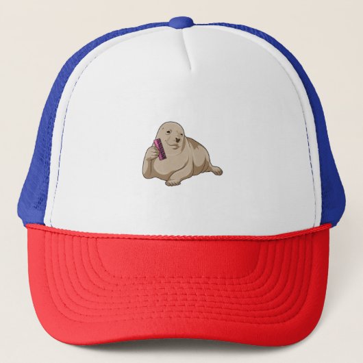 Zeehond als kapper met kam trucker pet (Voorkant)