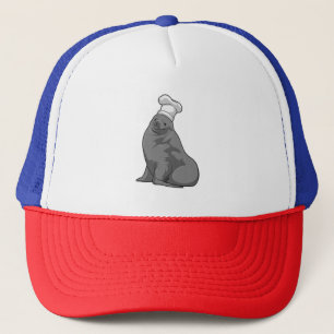 Zeehond als kok met kookmuts trucker pet