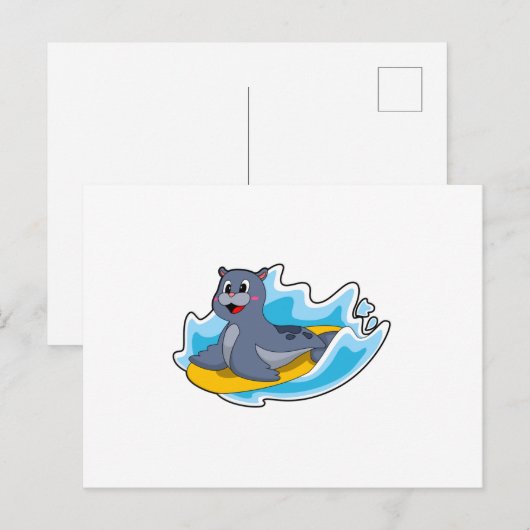 Zeehond als surfer met surfplank briefkaart (Voorkant / Achterkant)