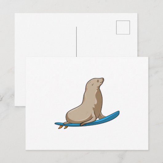 Zeehond als surfer met surfplank briefkaart (Voorkant / Achterkant)