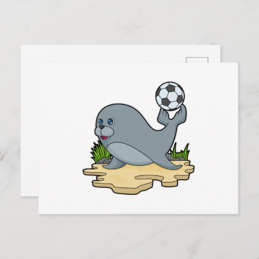 Zeehond als Voetballer met Voetbal Briefkaart (Voorkant / Achterkant)