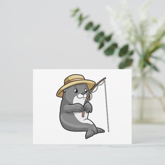 Zeehond bij vissen met hengel en hoed briefkaart (Staand voorkant)