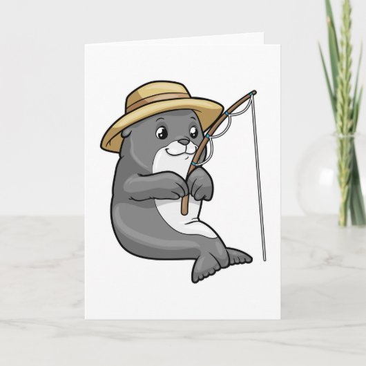 Zeehond bij vissen met hengel en hoed kaart (Voorkant)