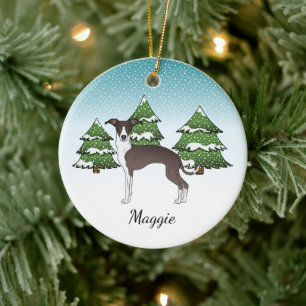 Zeehond en witte Italiaanse Windhond in Winterbos Keramisch Ornament