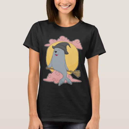 Zeehond Halloween Heksenbezem T-shirt (Voorkant)