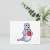 Zeehond met drinkbeker briefkaart (Staand voorkant)