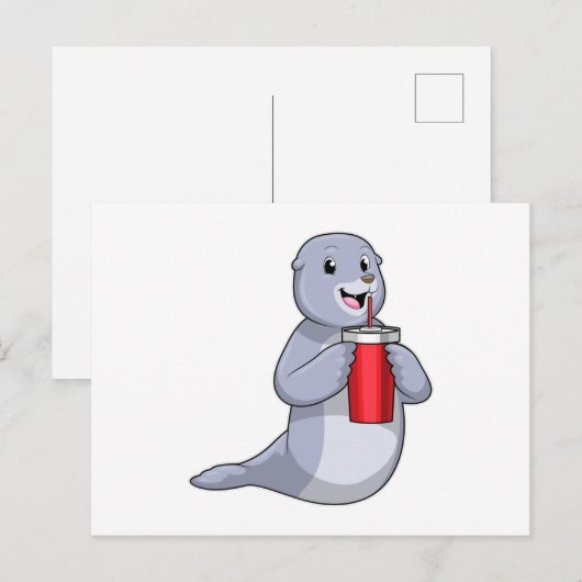 Zeehond met drinkbeker briefkaart (Voorkant / Achterkant)
