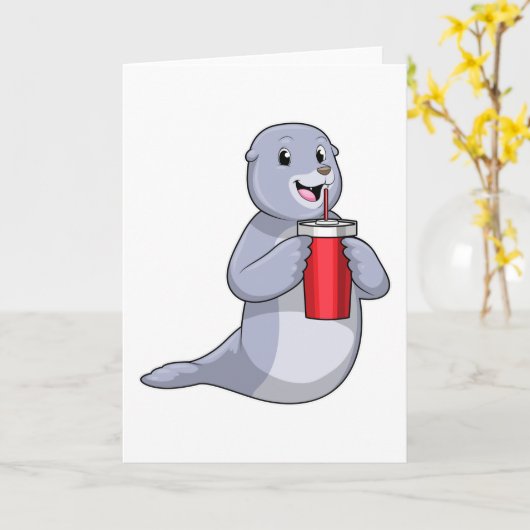 Zeehond met drinkbeker kaart (Gele Bloem)