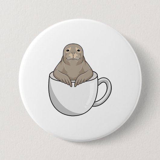 Zeehond met koffiekop ronde button 7,6 cm (Voorkant)