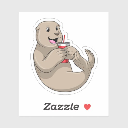 Zeehond met mok met rietje sticker (Vel)