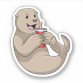 Zeehond met mok met rietje sticker (Voorkant)