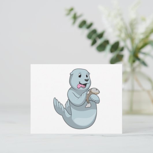 Zeehond met Vis Briefkaart (Staand voorkant)