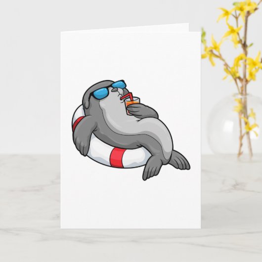 Zeehond met Zwemring & Drank Kaart (Gele Bloem)