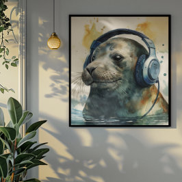 Zeehond muziekfabriek hoofdtelefoons kunstprint poster